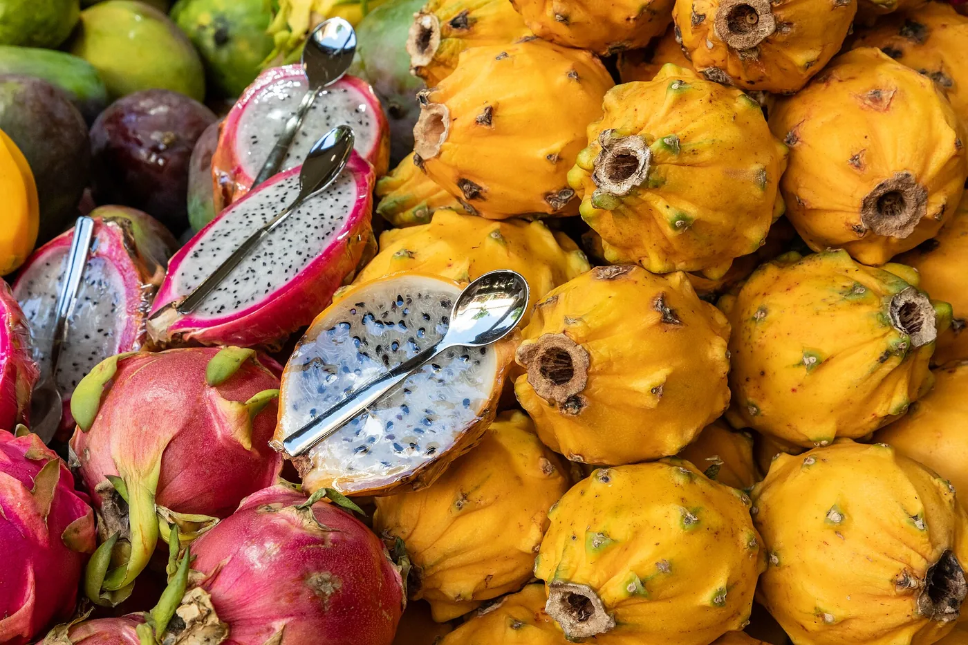 A fruit display at Funchal's Mercado dos Lavradores, photographed in 2025.