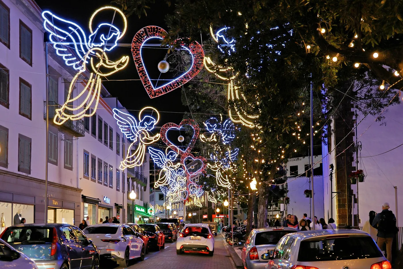 Christmas lights along Rua do Aljube in Funchal in December 2025